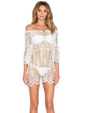 Eberjey Gianna Crochet Lace Off-White Boho Beach Cover-Up Dress